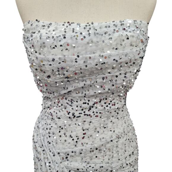 NWT White Silver Strapless Sequin Evening Gown with Corset Back on Velvet Fabric - Picture 5 of 14